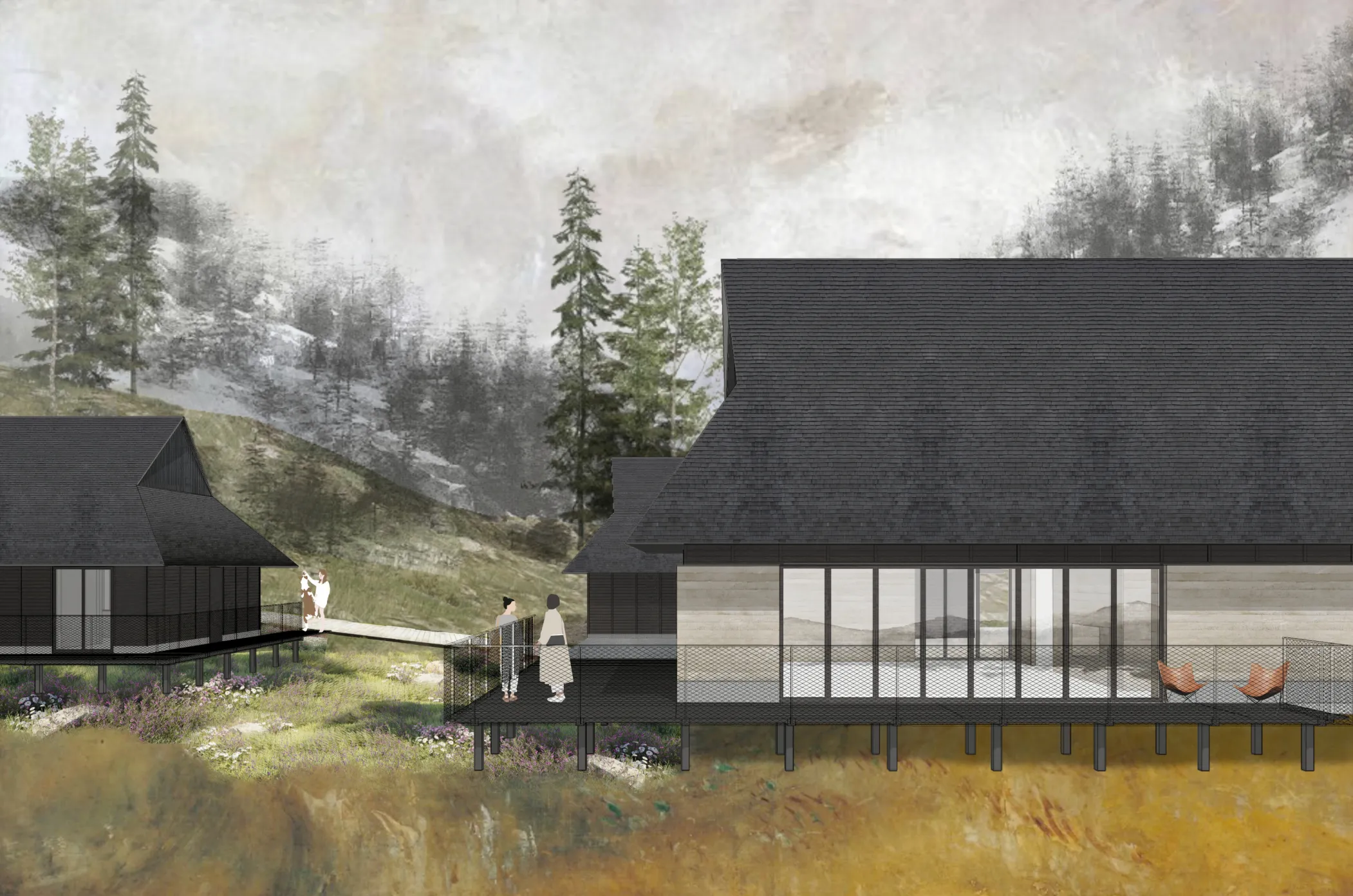 Mosorne Retreat Zawoja — wizualizacja domków z tarasami