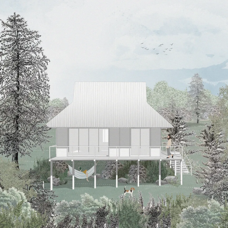 Wizualizacja — domek na palach